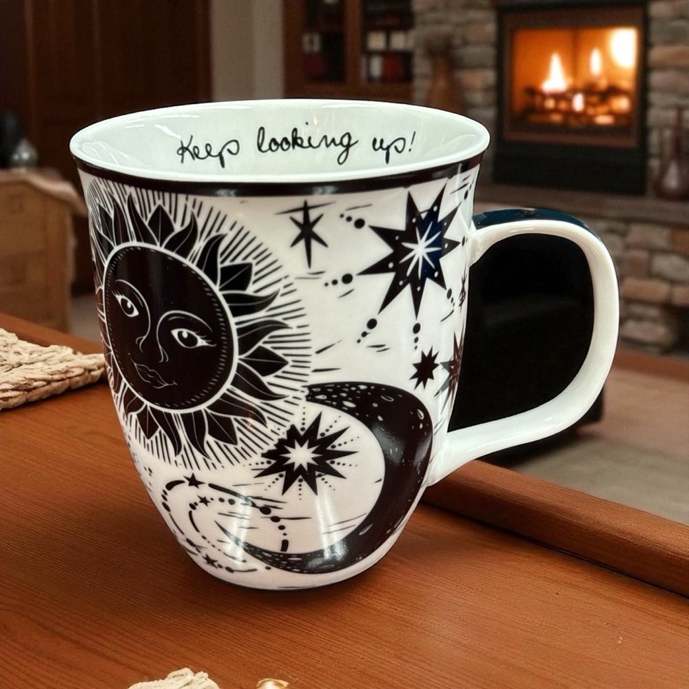 Karma Brand Black & White Boho Coffee Mug, Sun, Moon, Stars “Keep Looking Up!”